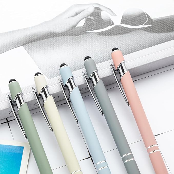 PASISIBICK 8 Pieces Ballpoint Pens, 2-in-1 Stylus Tip Retractable Ballpoint Pen, Metal Stylus Pen for Touch Screens, 1.0 mm Black Ink