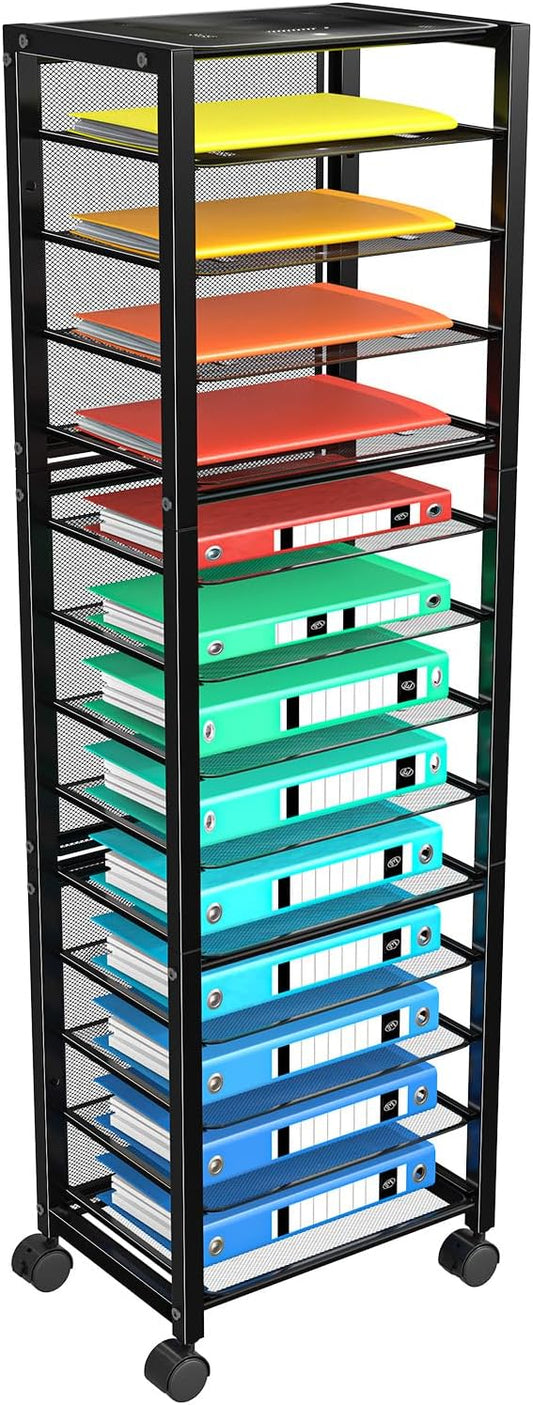 Simple Trending 14 Tier Rolling File Cart, Desk File Organizer with Sliding Trays and Wetal Mesh Paper Letter Storage Multi-Functional Rolling Clutter Cart for Office, Home, School, Black