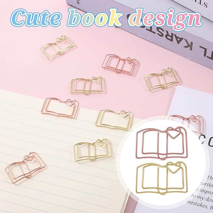 Giantree 40 Book-Shaped Paper Clips, Rose Gold and Gold Cute Papers Clip, Heart-Shaped Fun Paper Clips Metal Bookmarks, Memo Clip Set for Fun Office Supplies School Gifts Wedding Decorations
