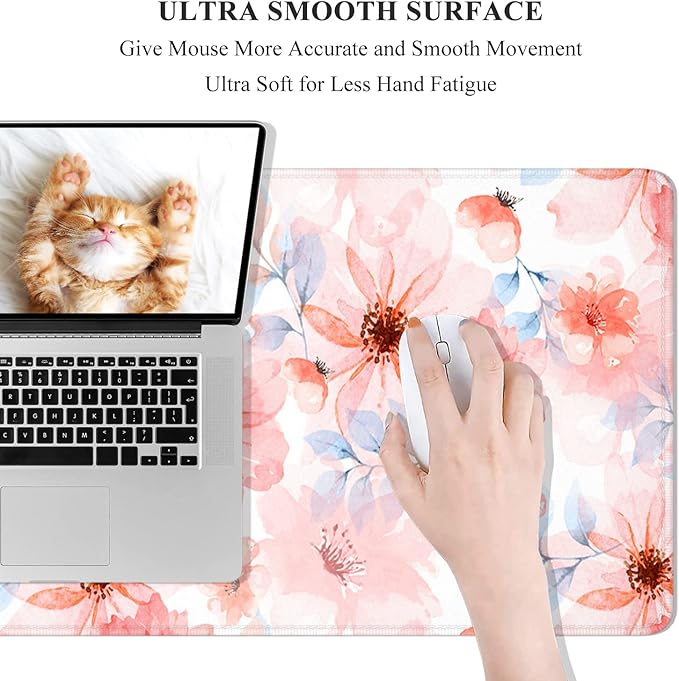 Desk Mat, 32" x 12" XXL Extended Large Gaming Mouse Pad, Desktop Decor Desk Pad, Cute Men Women Office Supplies and Accessories, XL Mouse Mat for Laptop & Keyboard, Pink Flower