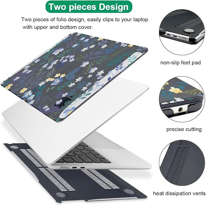 for MacBook Air 13.6 inch Case 2025 2024 2023 2022 Release Model A3240 M4 A3113 M3 A2681 M2, Printed Pattern Plastic Hard Shell for 2025 Mac Air 13.6 M4 Cover, Meadow Wildflower Black
