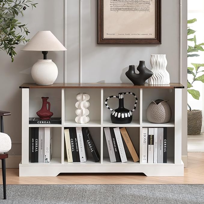 8 Cube Storage Organizer, 2 Tier Bookshelf for Living Room, Farmhouse Bookcase with Led, Kids Toy Storage Cabinet, Wall Cubby Shelves for Home Decor, Wood Display Cabinet for Bedroom, White