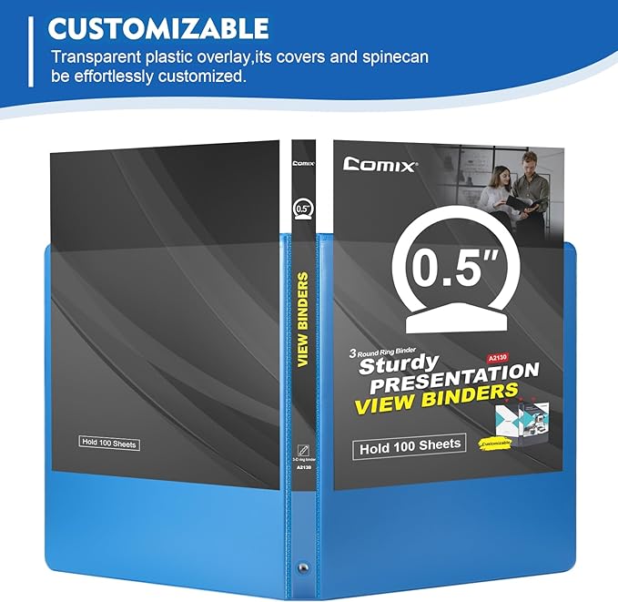 COMIX 3 Ring Binder 1/2 inch with Clear View Cover, 0.5" View Binder Holds 100 Sheets of US Letter Size Paper, 6 Pack (Light Blue)