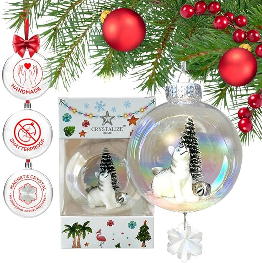 Wolf Christmas Ornament - Handmade Shatterproof Decorations for Indoor Outdoor Xmas Tree - Clear Ball Ornaments with Magnetic Crystal - Great Gift or Stocking Stuffer for Mom, Sister, Friend