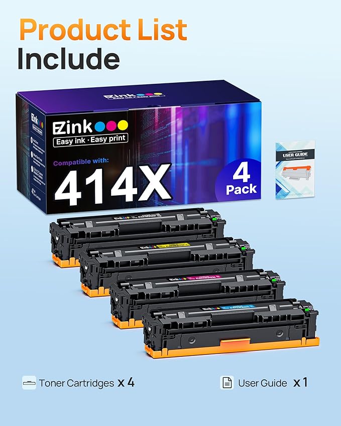E-Z Ink 414X Toner Cartridges Compatible Replacement for HP 414X 414A W2020X Toner to Use with HP Color Laserjet Pro MFP M479fdw M479fdn M454dw M454dn M479 (4 Pack High Yield with Chip)