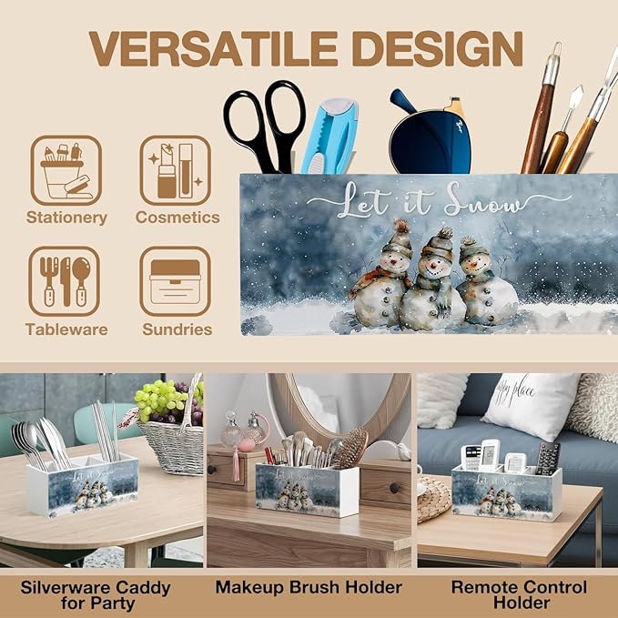 Winter Christmas Snowman Pen Pencil Holder Organizer for Desk Accessories, Snowman Gifts, Snow Rustic Christmas Wooden Box Signs Decorations for Home Office Desk Tabletop