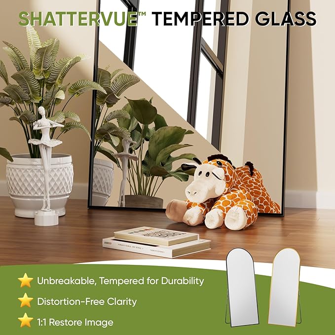 Full-Length Floor Mirror with Stand, 58"x21" Arched Style Full Body Standing Mirror for Bedroom, Living Room, Gym, Dorm - Shatter-Resistant & Easy Assembly, Black