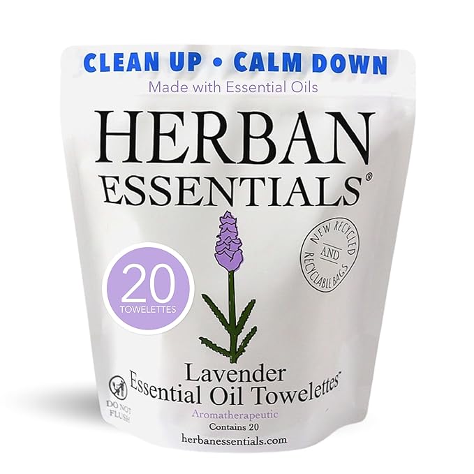 Herban Essentials - Lavender Wipes & Towelettes - Essential Oil Wipes for Make Up, Hands, Face & Body - Travel Size Essentials and Toiletries - Natural, Individually Wrapped and Disposable (20 count)