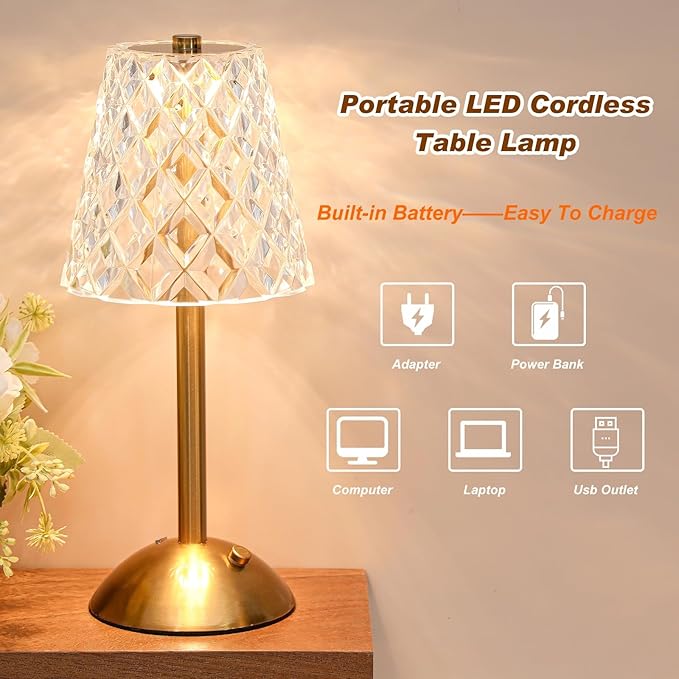 Liliful 1 Pcs LED Portable Cordless Table Lamp Touch Battery Operated Rechargeable Gold Desk Lamp 3 Color Dimmable for Bedroom Living Room Dining (Gold,Diamond Style)