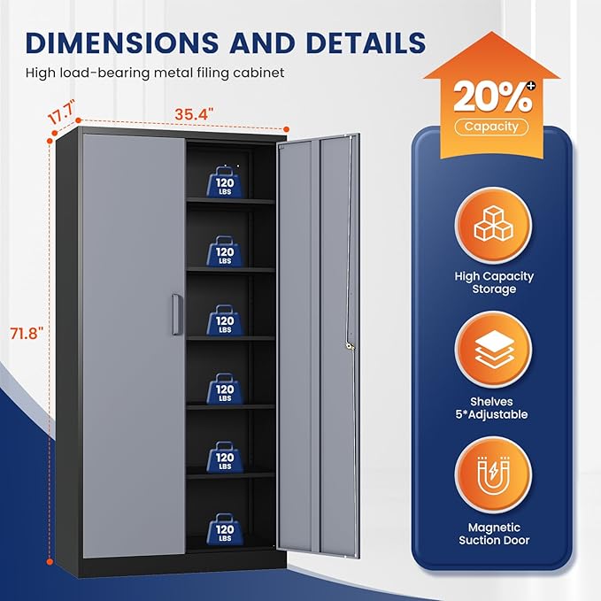 Yizosh Metal Storage Cabinet with Locking Doors and 5 Adjustable Shelves, 72" Garage Storage Cabinet Steel Lockable for Office,Home,Garage
