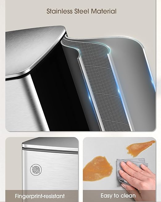Lovewind Kitchen Trash Can with Lid, 8 Gallon/30 L Footstep Garbage Can for Kitchen Bedroom Home Office, 30 Liter Trash Bin Brushed Stainless Steel Waste Bin with Soft-Close Lid,Silver