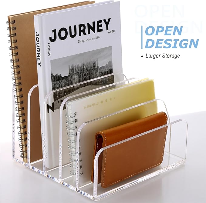 SANRUI Acrylic Desk File Organizer Holder for Desk, Clear Laddered 5 Upright Compartments Mail Sorters, Multifunction Desktop Envelope Folder Racks Document Holders for Office, Home, School