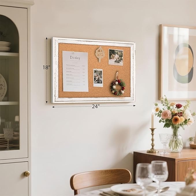 White Cork Board Bulletin Board, 24" x 18" Wooden Framed Corkboard for Office, Decorative Hanging Pin Board Vision Board for Office Home School Decor