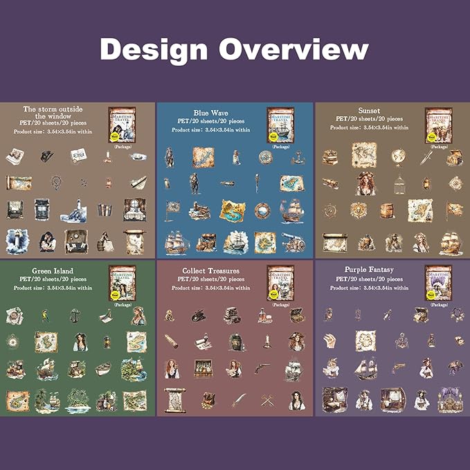 120Pcs Vintage Pirate PET Stickers, Maritime Travel Scrapbook Ephemera for Journaling Planners Waterproof Craft Supplies