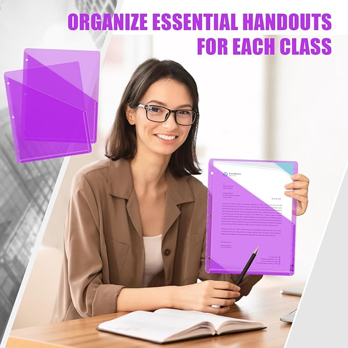 Seajan 100 Pcs Pocket Folders for 3 Ring Binder Clear Plastic Folders Sleeves with 2 Pockets 3 Hole Punch Binder Dividers Poly Slash File Jackets for Office School Document Organizer (Purple)