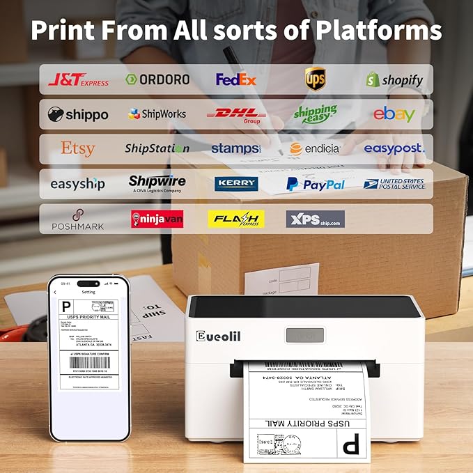 4x6 Thermal Label Printer, All-in-One Portable Bluetooth Shipping Label Printer for Small Business Compatible with Android/iPhone/Mac/Windows, for Amazon, eBay, Shopify, Etsy, USPS & UPS