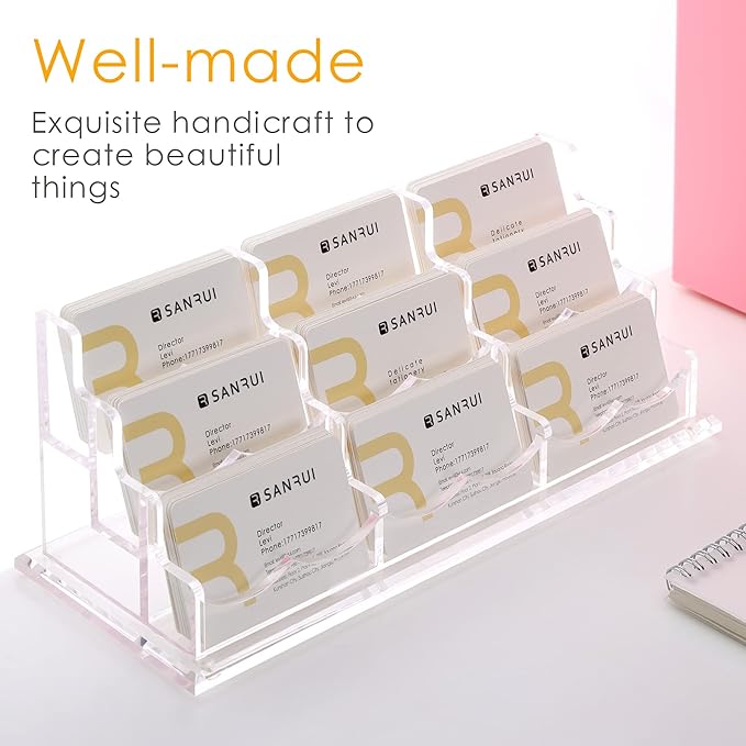 SANRUI Clear Horizontal Business Card Holder Stand for Desk, Acrylic Desktop Display Name Cards Holders Organizer Storage Rack,for Exhibition, Home , Office ,3 Tier 9 Pocket , 540 Card Capacity