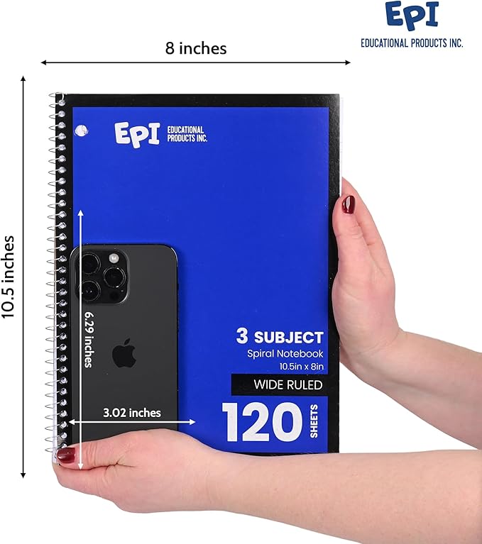 EPI Spiral Notebook | 3 Subject - Wide Ruled - 120 Sheets, Durable Spiral Binding | 10.5 x 8 in | Classroom Supplies | School, Office, Note Taking, Journaling - 36 Pack