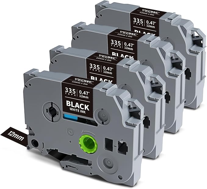 Tze335 Tze 12mm 0.47 Laminated Black Label Maker Tape Compatible for Brother Tze-335 Tz-335 Tz 1/2 Refill Work for Ptouch PT-D210 PT-D220 PT-H110 PT-D400 PT-D600, White on Black, 4 Pack