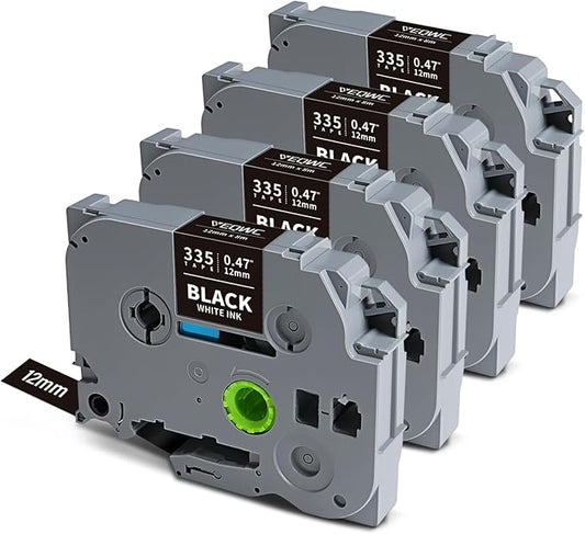 Tze335 Tze 12mm 0.47 Laminated Black Label Maker Tape Compatible for Brother Tze-335 Tz-335 Tz 1/2 Refill Work for Ptouch PT-D210 PT-D220 PT-H110 PT-D400 PT-D600, White on Black, 4 Pack