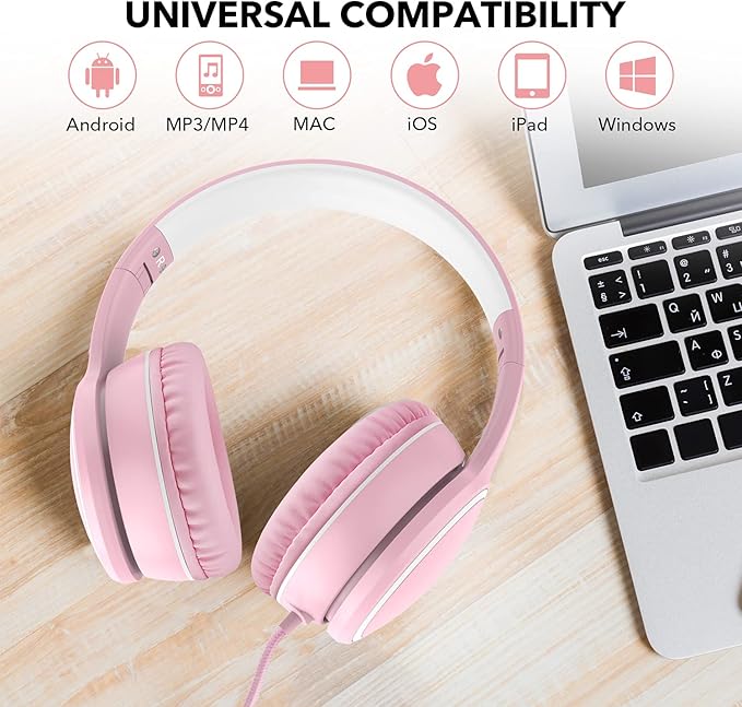 RORSOU R10 Over-Ear Headphones with Microphone, Lightweight Folding Stereo Bass Headset with 1.5M No-Tangle Cord, Portable Wired Headphones for Smartphone Tablet Computer MP3 / 4 (Pink)