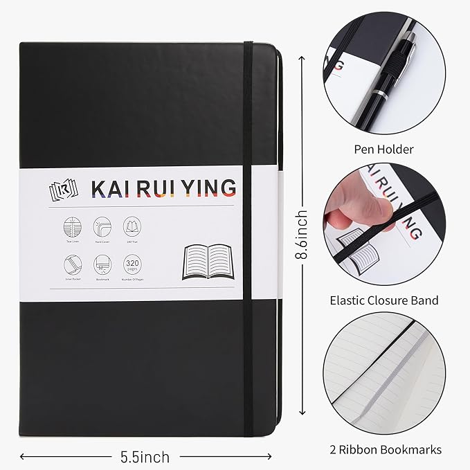 KaiRuiYing Lined Journal Notebook, 160 Pages, 5.5'' × 8.6'' A5 Size, College Ruled, 100 GSM Thick Paper, Leather Hardcover Bullet Journal for Men & Women Available for Writing, Work, Office, Diary and Back to shcool