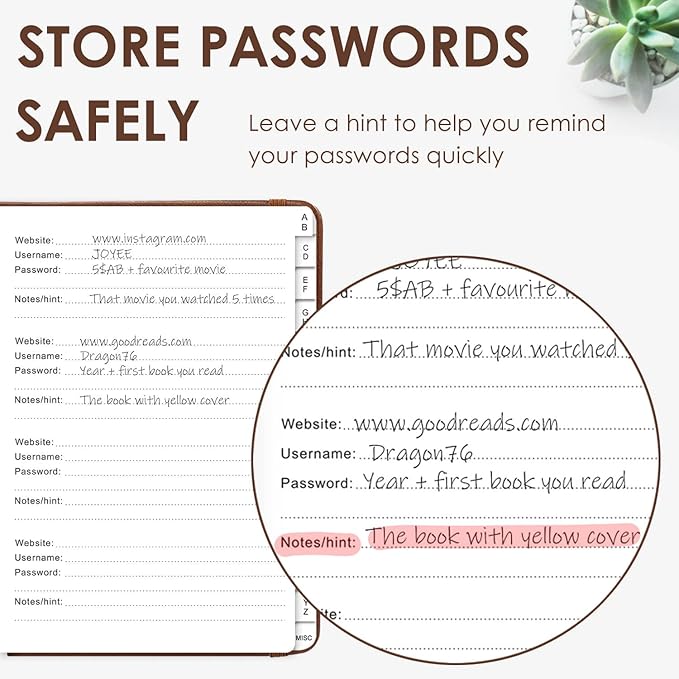 Elegant Password Book with Alphabetical Tabs - Hardcover Password Book for Internet Website Address Login - 7" x 10" Password Keeper and Organizer w/Notes Section & Back Pocket(Brown)