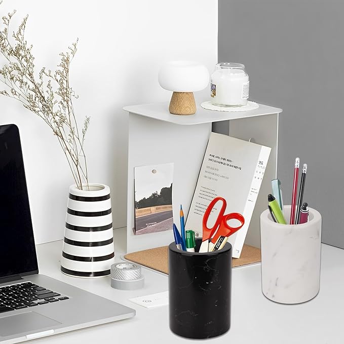 WORHE Natural Marble Pen Holder for Desk, Handcrafted Volakas Sturdy Desk Organizer for Office Supplies Storage Desktop Stationary Makeup Brushes Cup Pencil Holders for Home White (DL002)