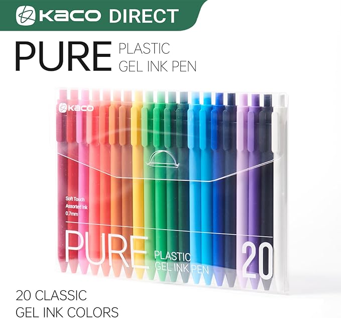 Kaco PURE Gel Pens 20 Pieces 0.7mm Assorted Color Ink Aesthetic Journaling Pens Cute, Retractable, Soft Touch Barrel, Quick Drying