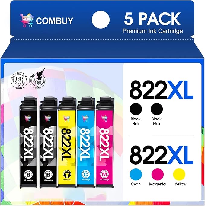 822XL Ink Cartridges Combo Pack Remanufactured Replacement for Epson 822XL Ink Cartridges 822XL Work for Epson WF-3820 Printer WF-4820 WF-4830 WF-4833 WF-3823 WF-4834 (5 Pack)