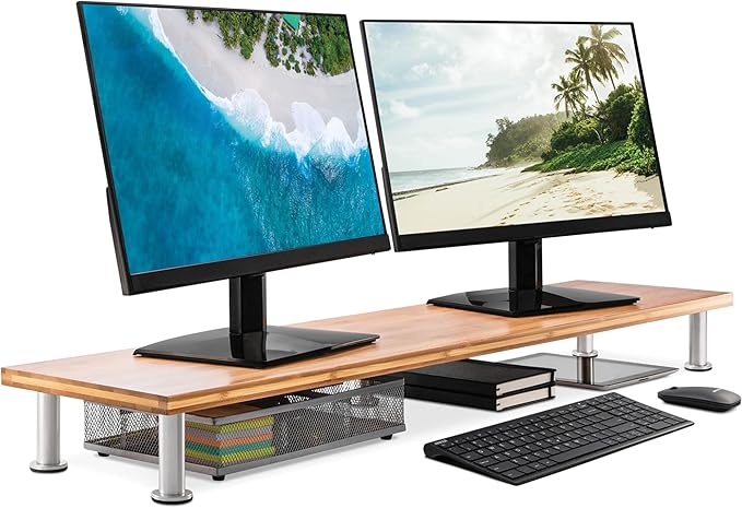 The Original Bamboo Dual Monitor Stand (As Seen On PBS) - 42 Inch Large Monitor Riser for Computer Screens, Laptop or TV - Desk Shelf Adds Storage Space and Improves Ergonomics - Natural