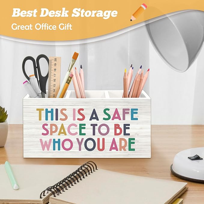 Mental Health Classroom Pen Holder Organizer for Desk Accessories, This Is a Safe Space to Be Who You Are Inspirational Wooden Box Desk Decorations for Therapy Counselor Office Classroom Decor