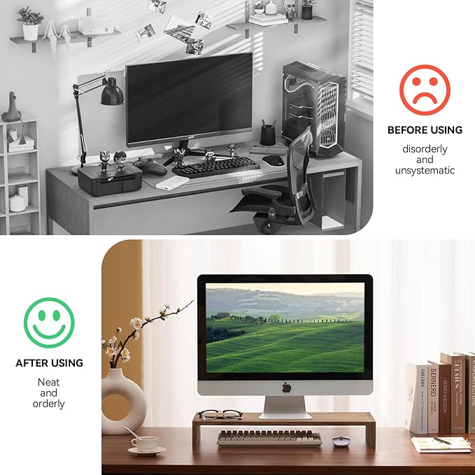 KIRIGEN Monitor Stand Wooden -Desk stand wood for Computer / Laptop/ TV Printer - Monitor Arms & Stands Desk Riser for Office Organizers -Desktop Workspace (59,Dark Brown)