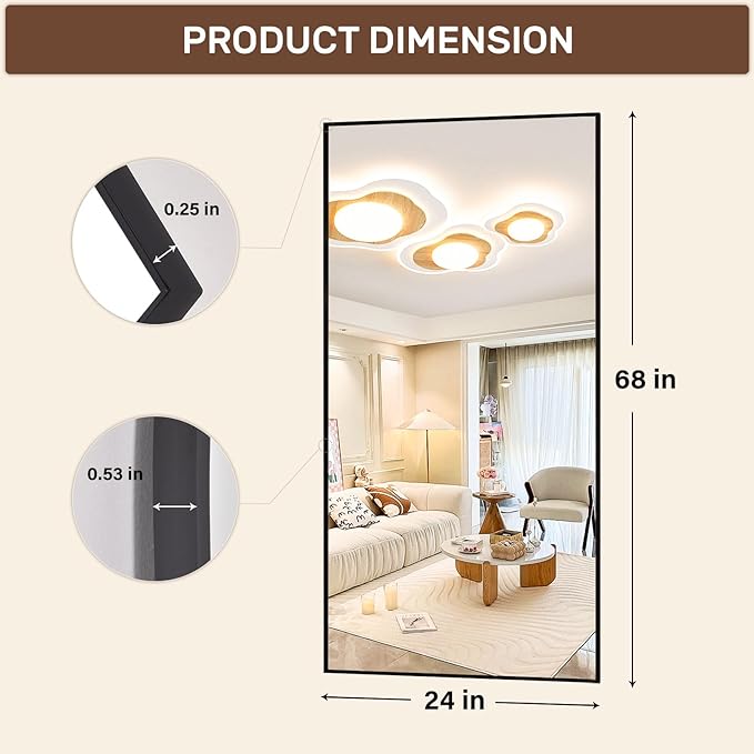 Full Length Mirror with Stand, 68"x24" Floor Mirror with Aluminum Alloy Frame, Full Body Mirrors,Free Standing or Wall-Mounted Mirrors for Living Room, Black