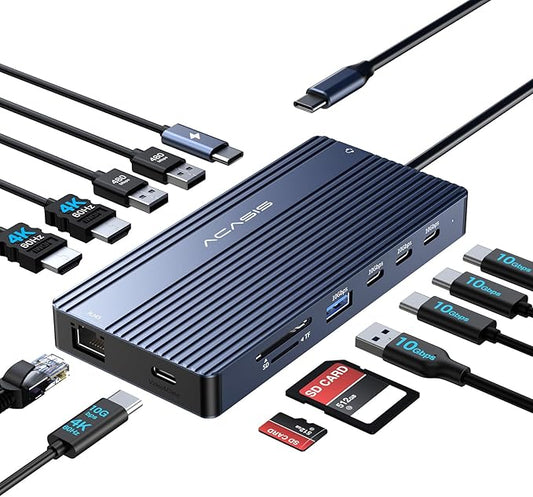 USB C Hub Docking Station Dual Monitor 2 HDMI 4K@60HZ,14 in 1 Laptop Docking Station 3 Monitor with 10Gbps(USB-c Video+Data,3*USB C,USB A) Ethernet,PD 100W,SD/TF,3.5mm Audio for Dell/HP/Lenovo