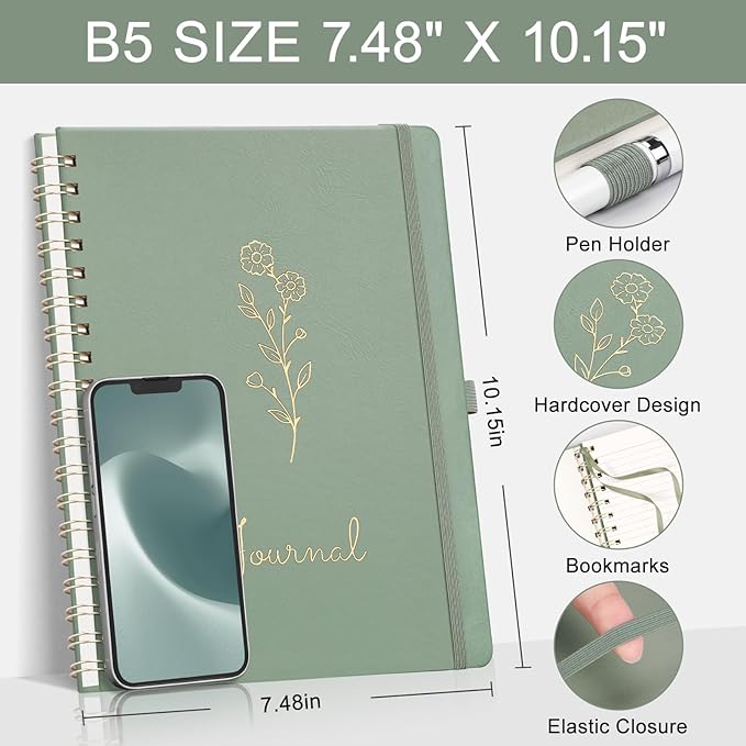 EMSHOI Lined Spiral Journal Notebook for Women & Men, 140 Numbered Pages, College Ruled Hardcover Notebook for Work & Note Taking, Journals for Writing, B5(7.48"x10.15") - Light Green