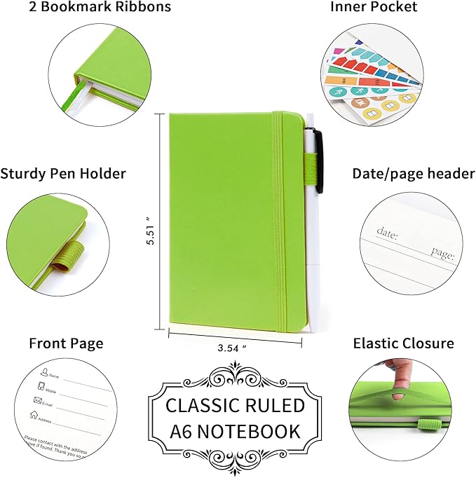feela 6 Pack Pocket Small Notebooks Bulk, Mini Cute Memo Notepads Hardcover College Ruled Lined Journals with Pen Holder for Women Girls Office School, with 6 Black Pens, 3.5”x 5.5”, A6, Green