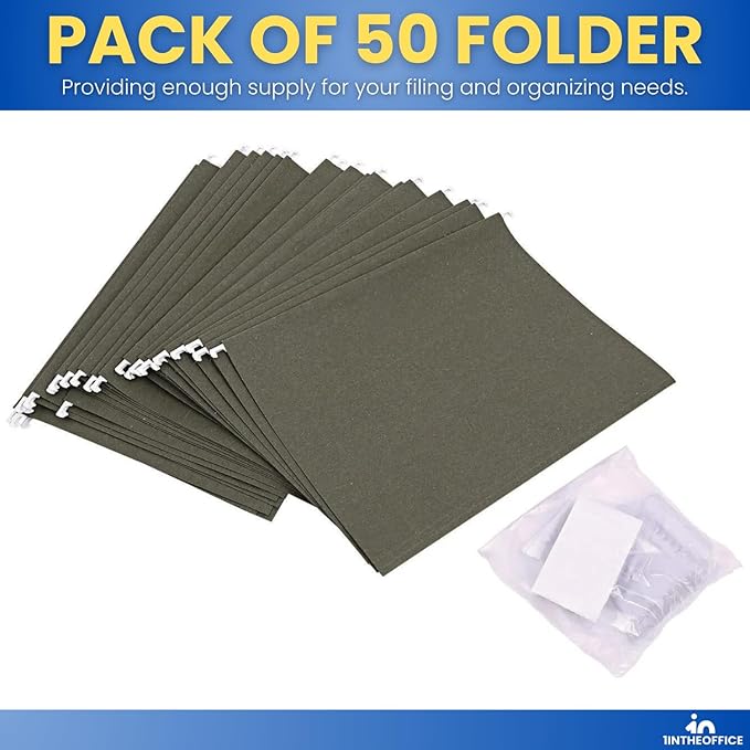 1InTheOffice Green Hanging File Folders Letter Size, Hanging Organizer File Folders, File Cabinet Folders, 1/5 Tabs, 11 pt, 50 Pack