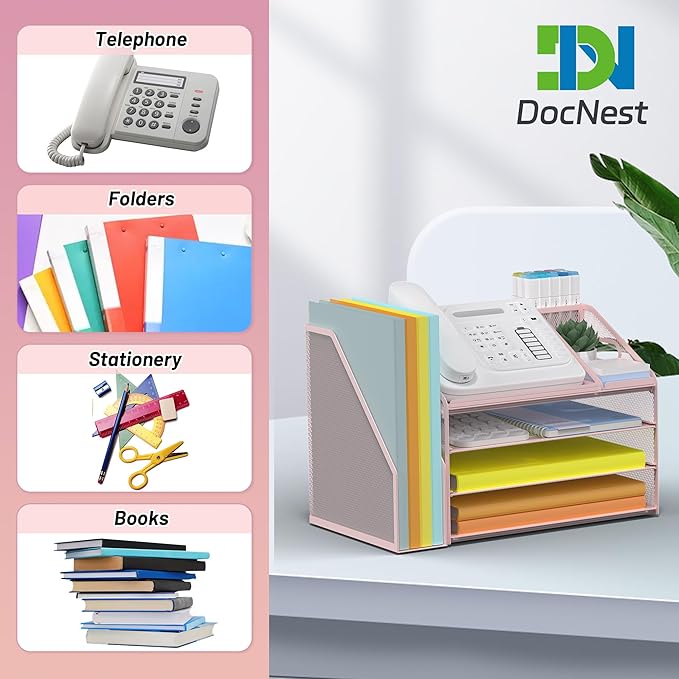 DocNest 4 Tier Paper Letter Tray File Organizer, Mesh Desk File with Handle, Workspace Desk Organizers with Pen Holder, Office Organization Storage Accessories - Pink