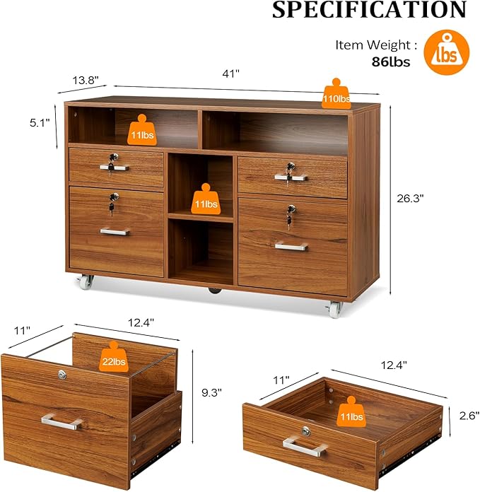 VINGLI Wide 4 Drawer Lockable Rolling File Cabinet with Open Shelves - Walnut Wood Lateral File Cabinet Printer Stand for Home Office, Letter Sized