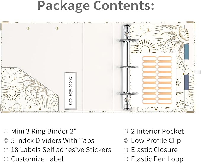 Ospelelf Mini 3 Ring Binder 2 Inch for 5.5" x 8.5" With 5 Tab Dividers, File Folder Labels and Low Profile Clipboards - Cute Tarot Cards Binder for School and Office Supplies
