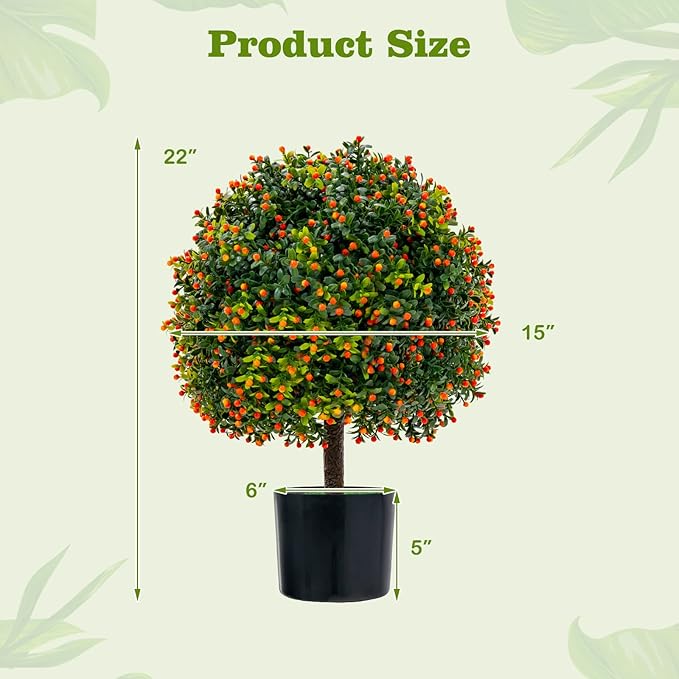 Goplus 22'' Artificial Boxwood Topiary Ball Tree, Set of 2 UV Resistant Faux Potted Plants Artificial Shrubs Bushes with Orange Fruits, Fake Evergreen Artificial Topiary for Home Front Porch Decor