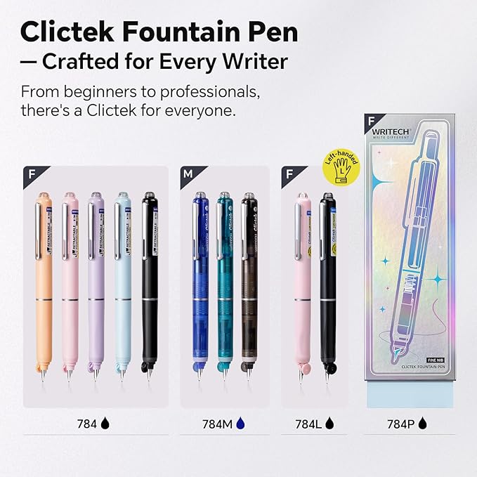 WRITECH Left Handed Fountain Pen: Fine Nib Retractable Style Black Ink Set Includes 5 Ink Cartridges Smooth Writing for Calligraphy Journaling Office Gift