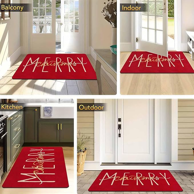 Christmas Door Mat Entrance Front Porch Rugs Red Gold Merry Christmas Doormat Non-Slip Rug Welcome Mat for Entrance Indoor Home Bathroom Floor Decoration, 18" x 30"Inch