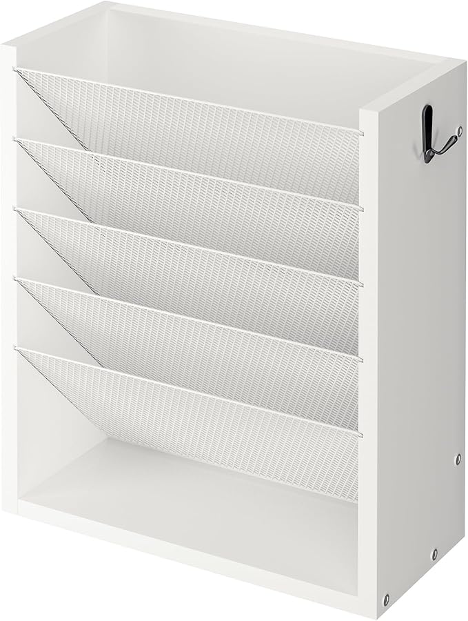 Hanging Wall File Organizer, 6 Tier Wood Wall File Holder with 2 Hooks, Mail Organizer Wall Mounted with Bottom Flat Tray, Vertical Paper Desk Storage for Office, Home, White