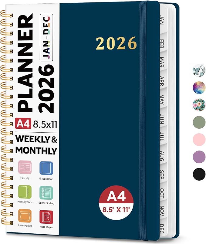2026 Planner 8.5" x 11", Weekly and Monthly Calendar Planner Book, January 2026 - December 2026, Hardcover Spiral Planner with Monthly Tabs, Notes Pages, Perfect for Women & Men, A4 - Navy