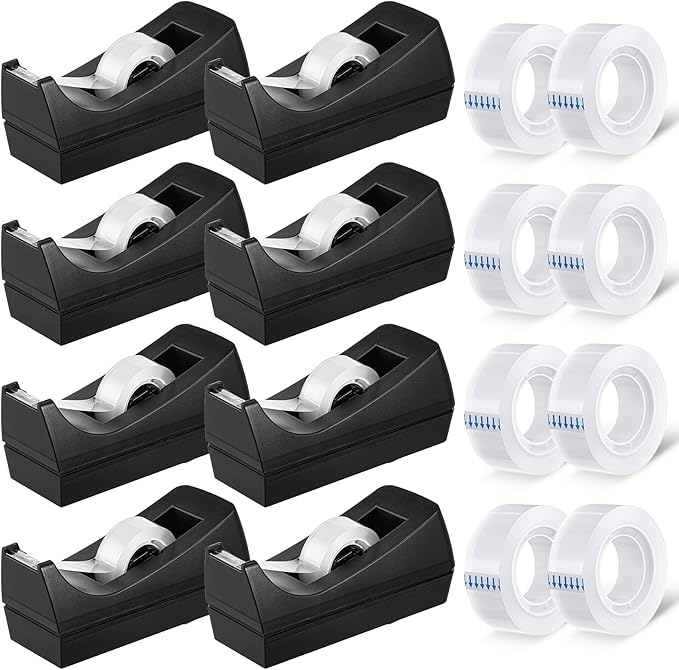 8 Pack Desktop Tape Dispenser Non Skid Base with Invisible Tape Refills Bulk Weighted Roll Dispenser for Office Home School