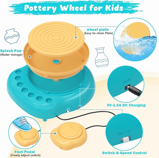 TingingYuli Pottery Wheel for Kids,Complete Pottery Kit and Tools for Beginners,Arts and Crafts Toys for Kids Ages 8-12,Art Supplies Birthday Gifts for Boy Girl Age 6 7 8 9 10 11 12 (Yellow/Cyan)