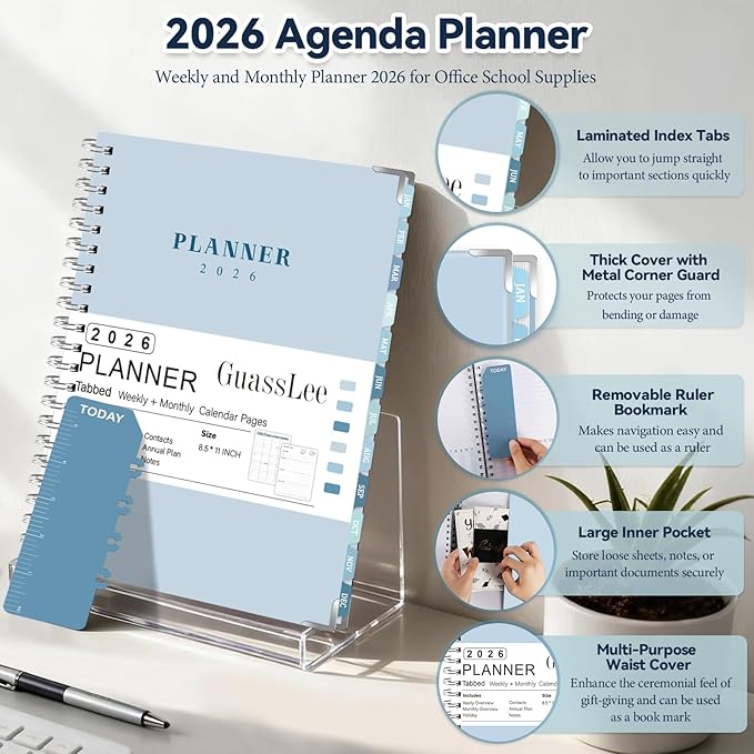 GuassLee Large 2026 Planner, Weekly and Monthly Planner from January 2026-December 2026, 8.5"x 11" Calendar Agenda Book with Back Pocket, Stickers for Home Office School Supplies, A4 Size, Sky Blue