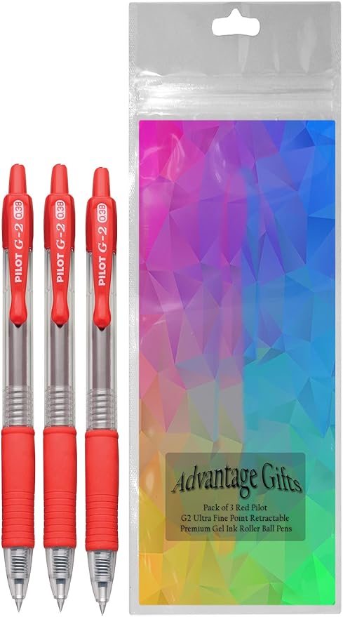 G2 Retractable Premium Gel Ink Roller Ball Pens Ultra Fine Point (.38mm) Red Ink 3 pack; Refillable & Premium Comfort Grip Bundle with Plastic Reusable Pouch